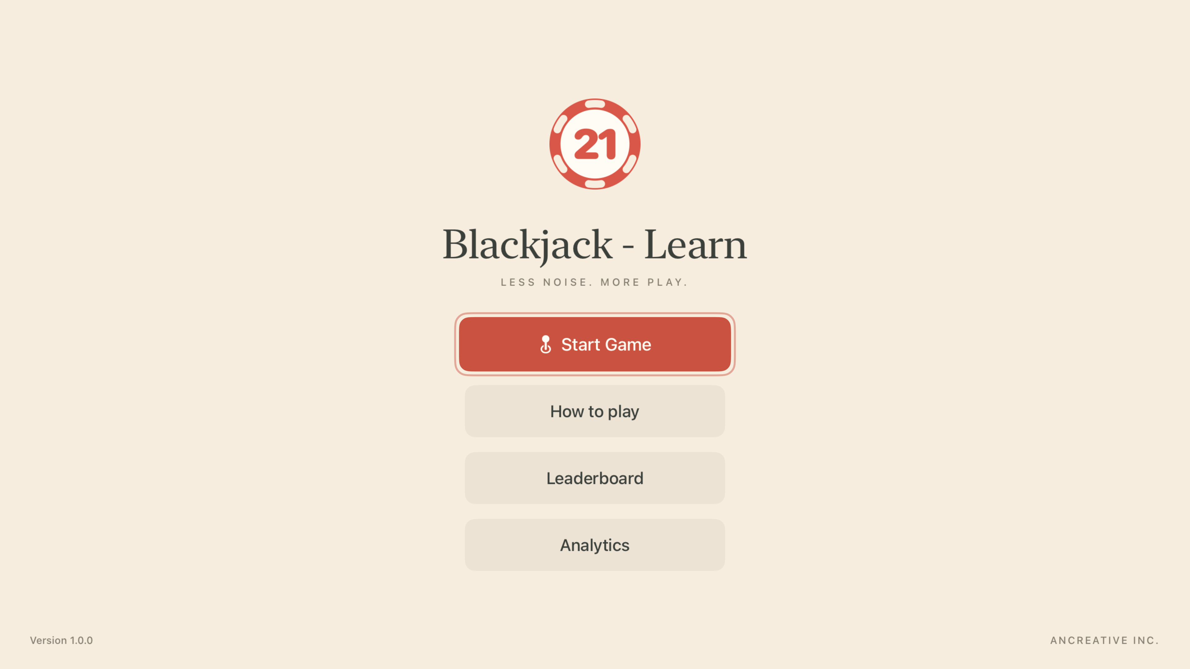 Blackjack - Learn on Apple TV, with a warm cream menu and options for playing, learning, leaderboards, and analytics
