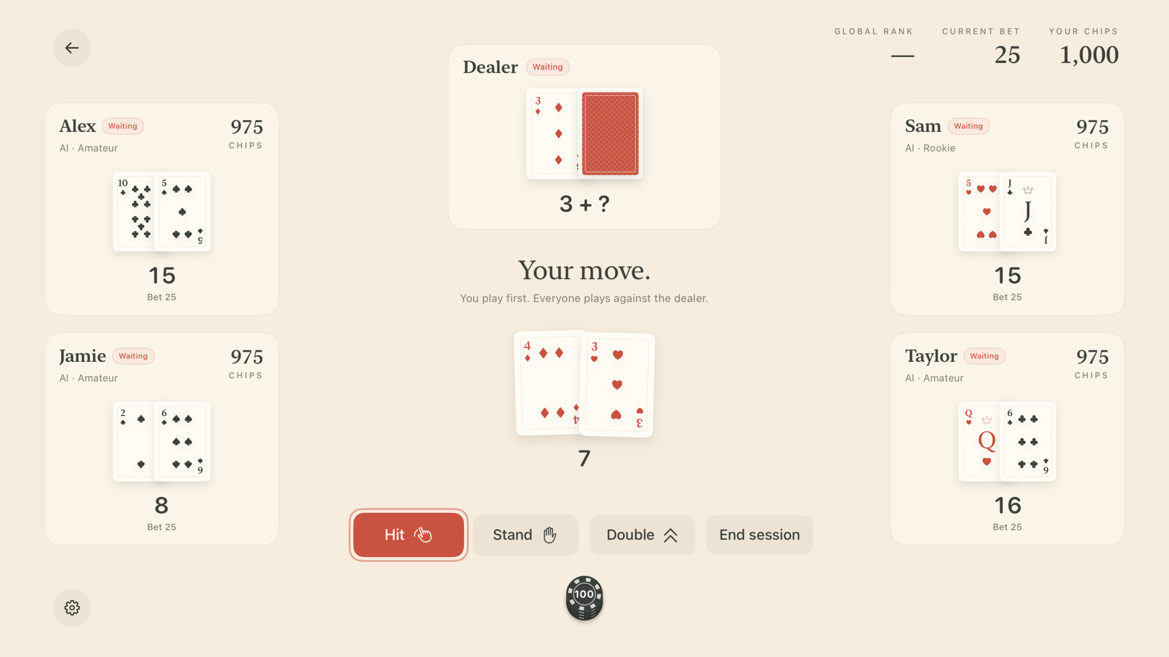 A Blackjack - Learn table with four AI players, a dealer, and remote-friendly Hit, Stand, and Double controls