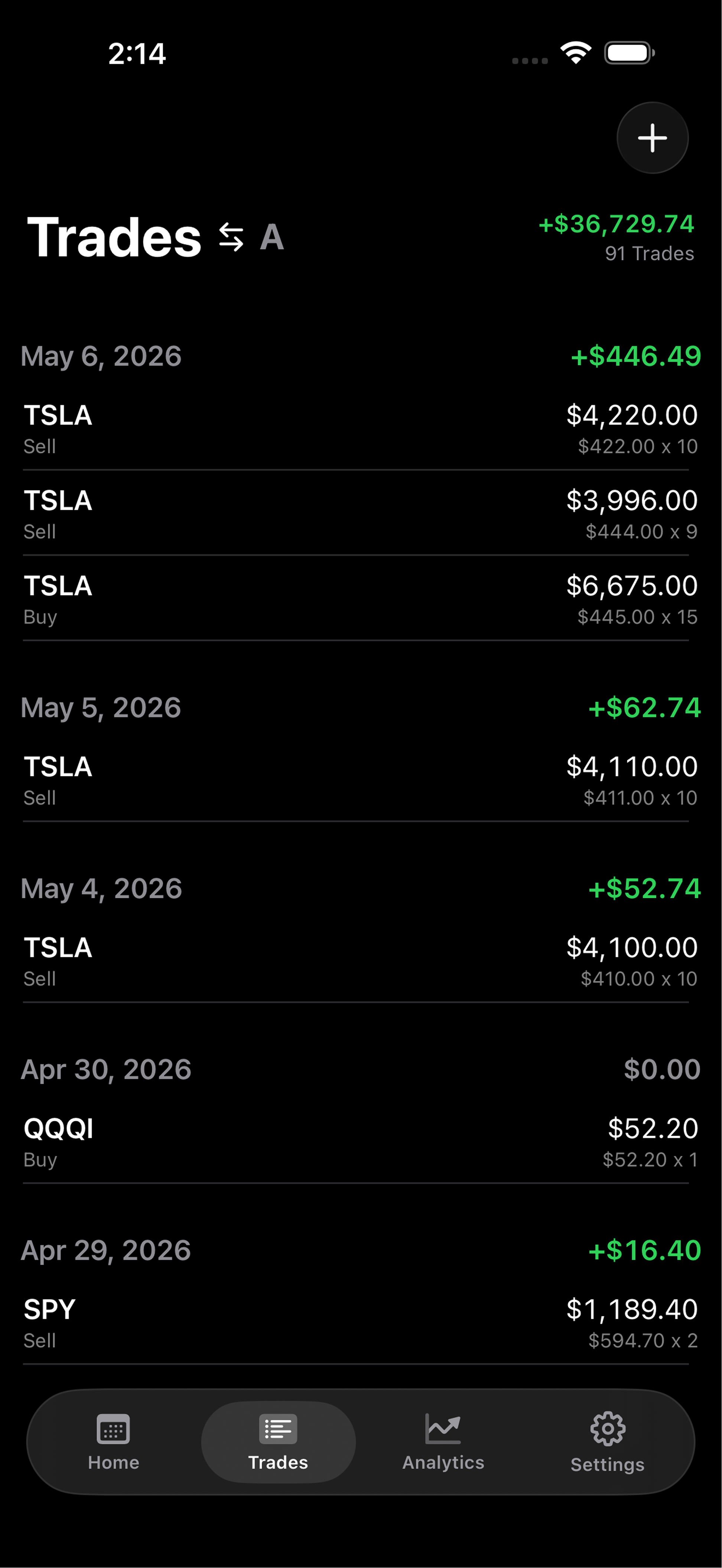 Day - Trading Tracker trade log screen for entering and reviewing results