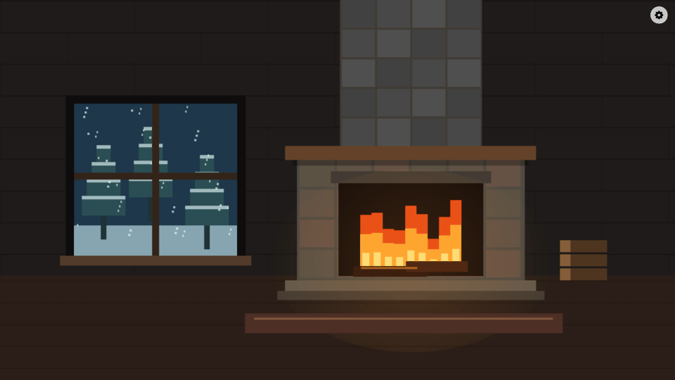 Minimalist: a clean, illustrated winter room with a glowing fireplace and snow outside the window