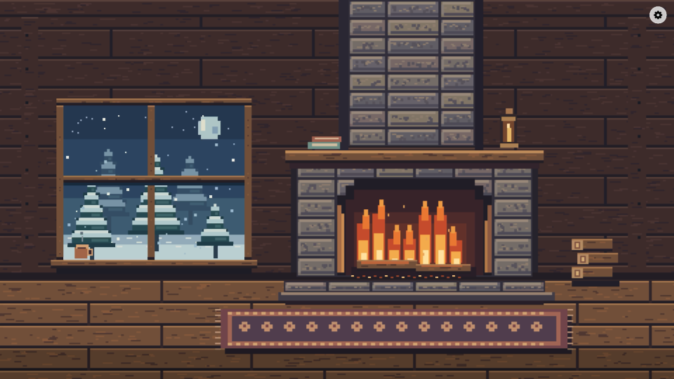 Pixel Art: a nostalgic cabin with a brick fireplace, snowy trees, and a patterned rug