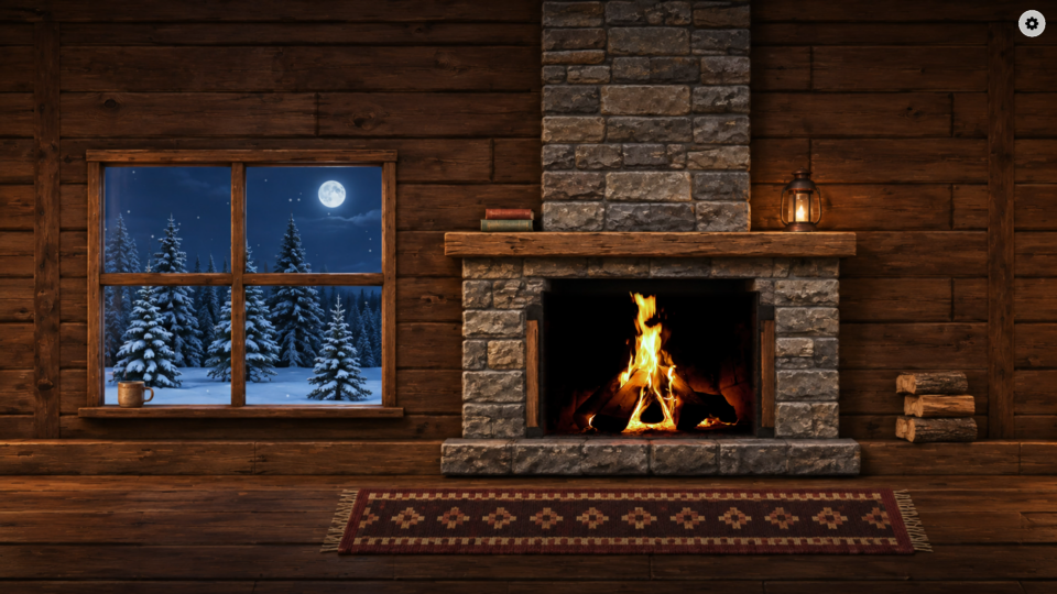 Realistic: filmed flames in a wood-and-stone cabin with a lantern and a snowy nighttime view