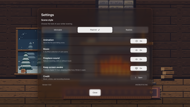 Cozy Winter 4K settings on Apple TV, showing scene styles and separate controls for animation, music, fireplace sound, and keeping the screen awake