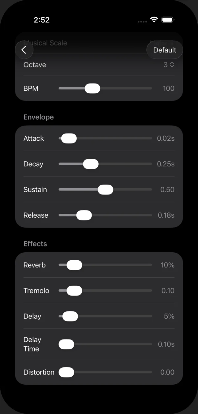 Envelope and effects controls including reverb, tremolo, delay, and distortion