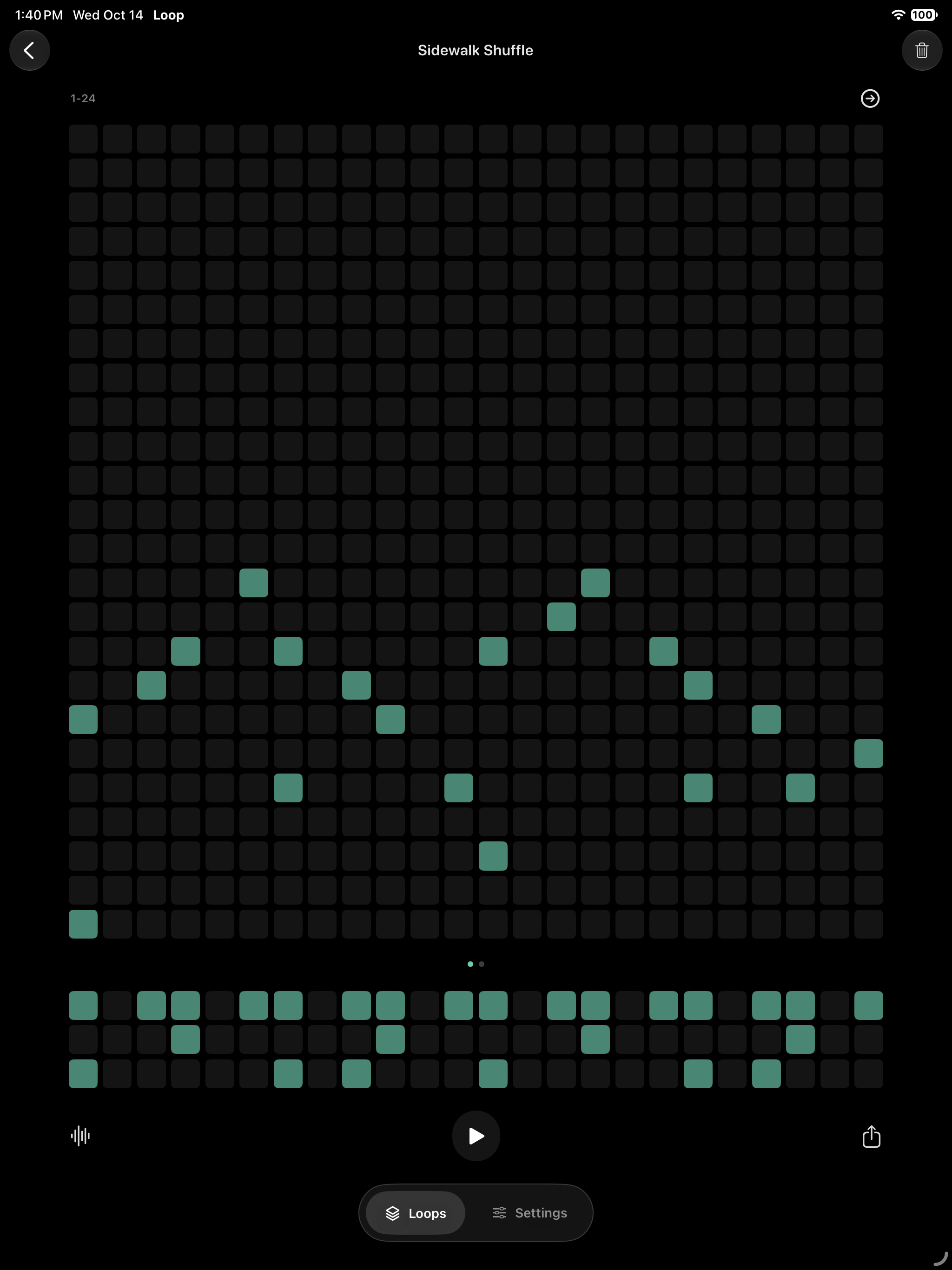 A close-up of Loop’s expanded iPad grid showing melody notes and drum patterns