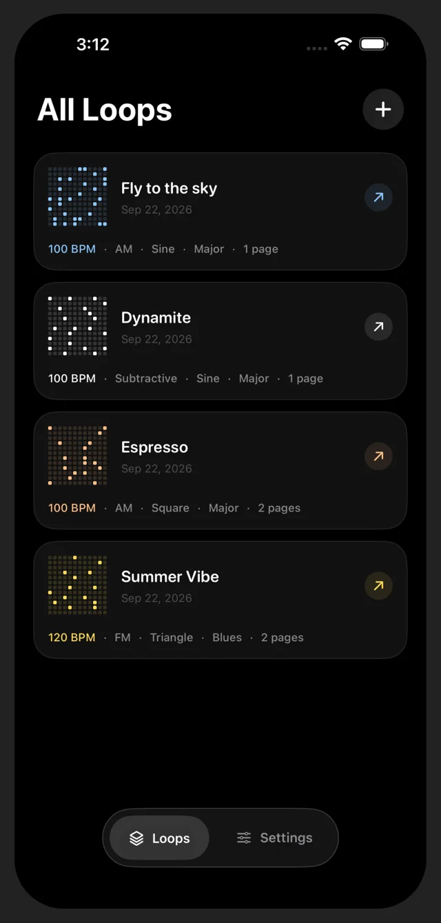 Loop project library with named, color-coded melodies and miniature sequencer previews