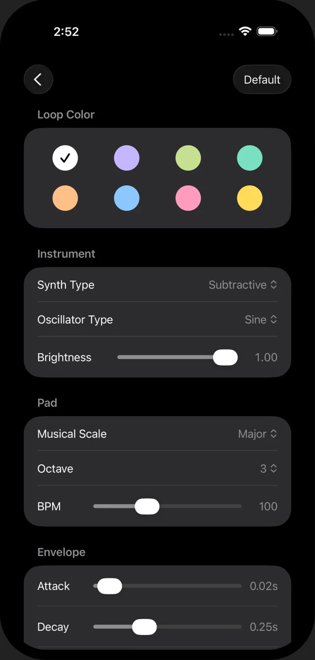 Loop sound settings with color choices, synth type, waveform, scale, and tempo