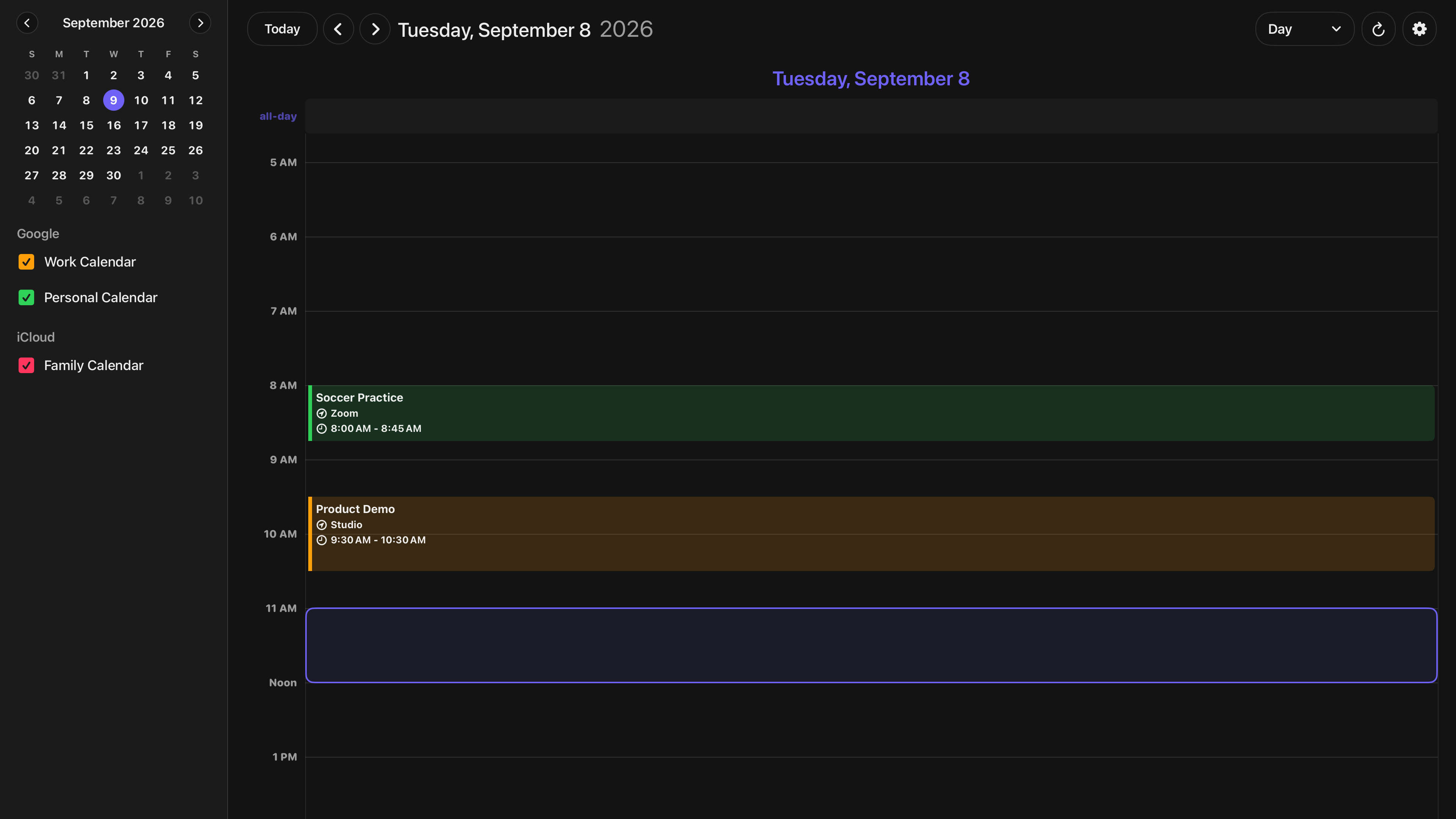 The day view focuses the display on a single day’s schedule.