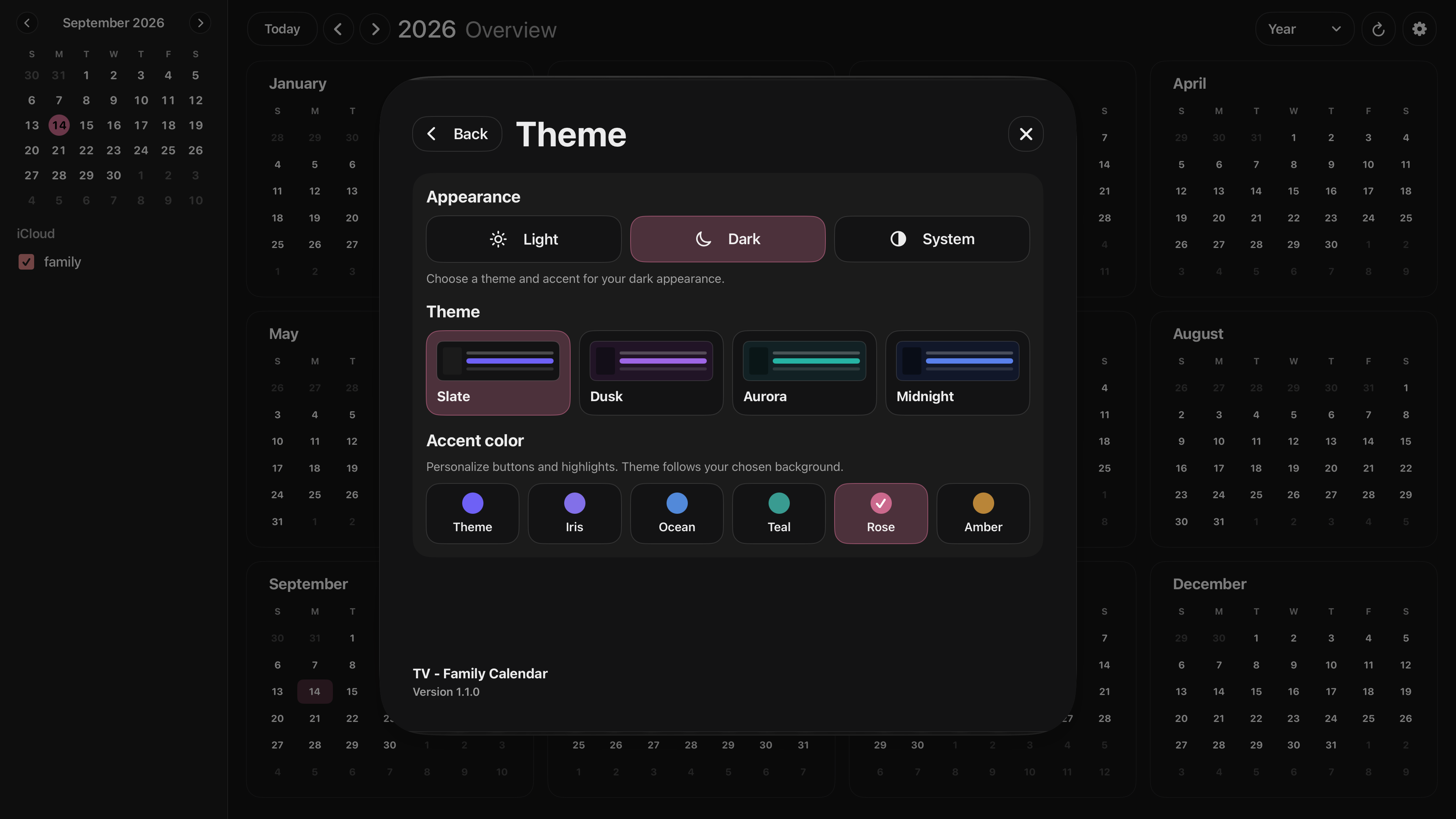 Theme settings showing Light, Dark, and System appearance, Slate, Dusk, Aurora, and Midnight themes, and accent color choices