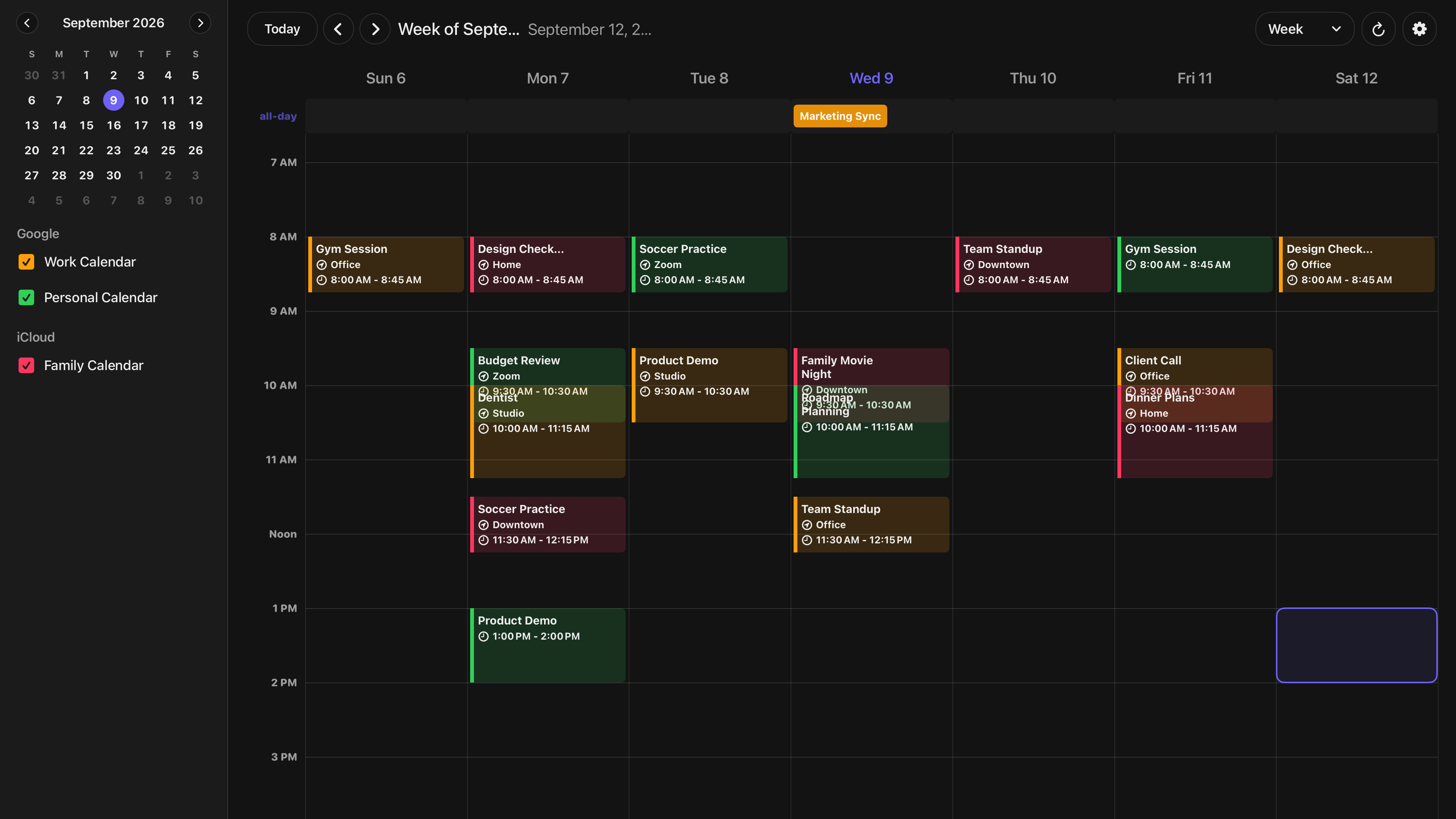 The weekly view makes upcoming events easy to review together.